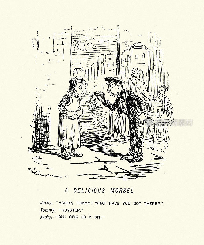 两个工人阶级的孩子在吃牡蛎，一块美味的小块，维多利亚式幽默，19世纪中期，约翰・里奇(John Leech)的复古插图漫画